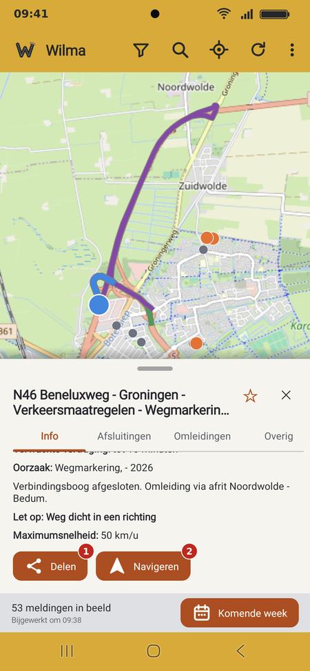 De knoppen Delen en Navigeren