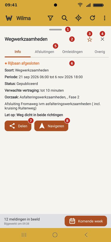 Het uitgetrokken detailvenster met genummerde markeringen