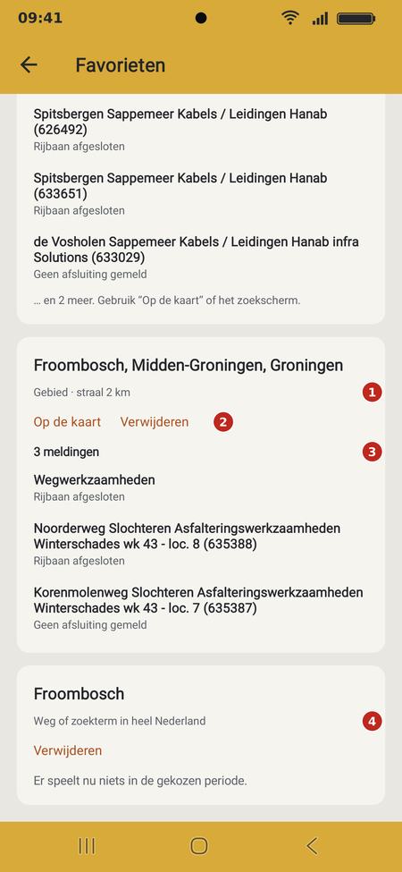 De lijst met favorieten met genummerde markeringen