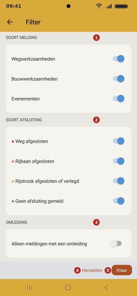 Het filterscherm met genummerde markeringen