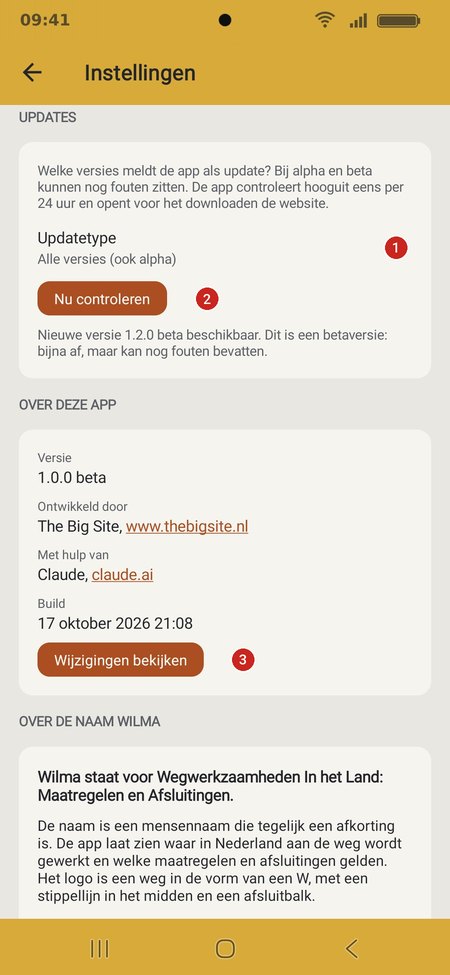 Instellingen voor updates en Over deze app