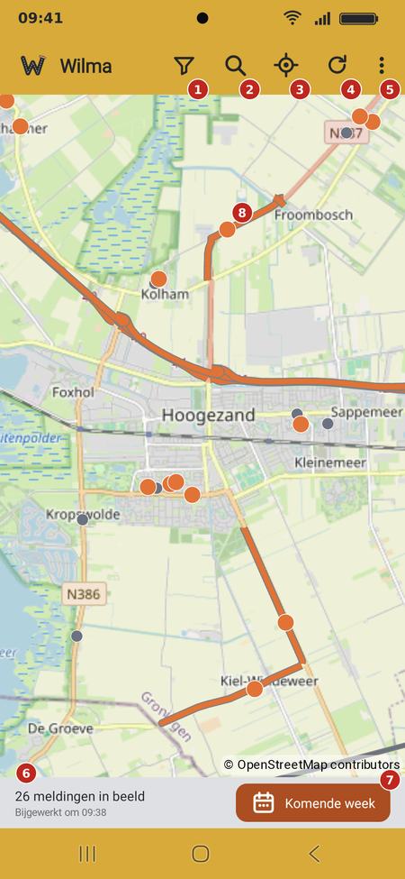 Het hoofdscherm met genummerde markeringen