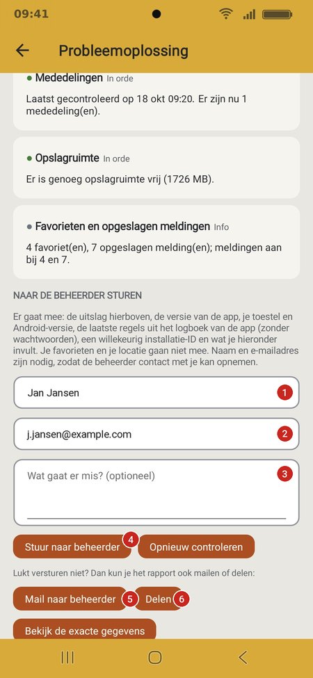 De uitslag van de controles en het formulier voor de beheerder